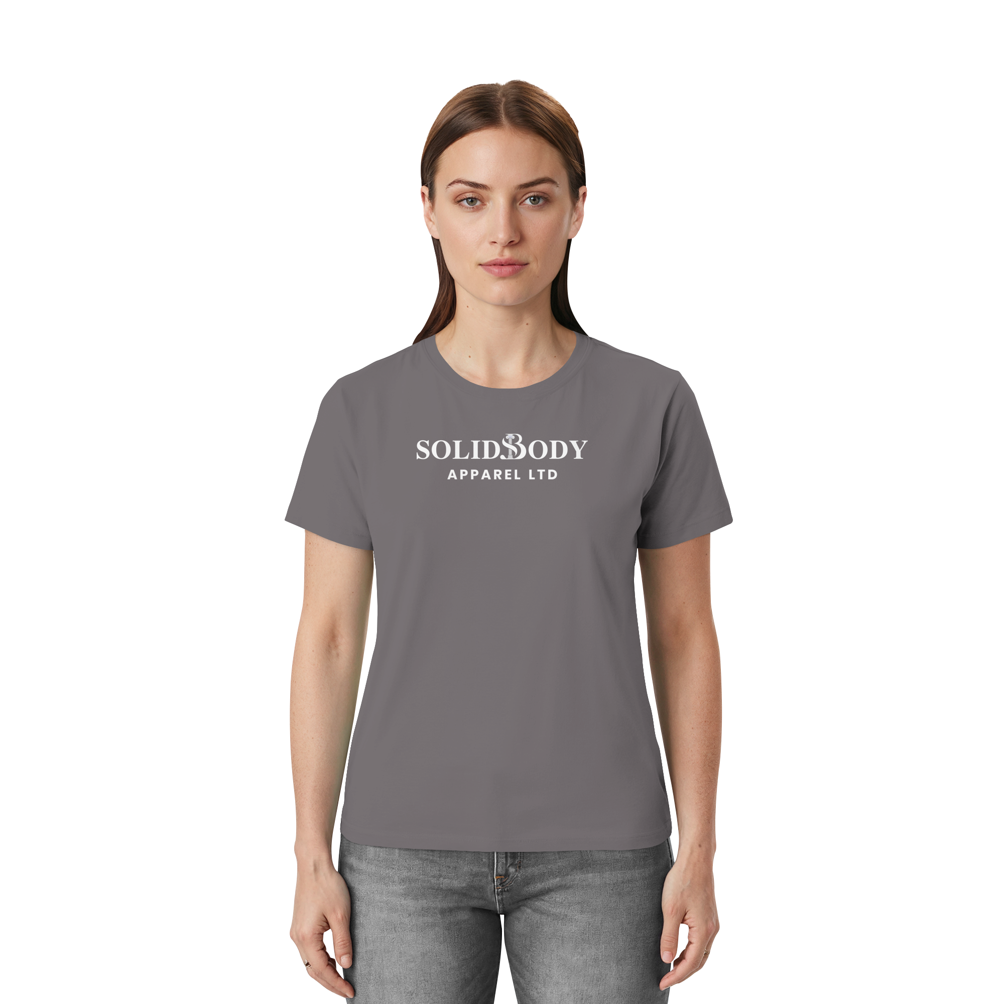Fraumodell mit Essential T-Shirt in Grau